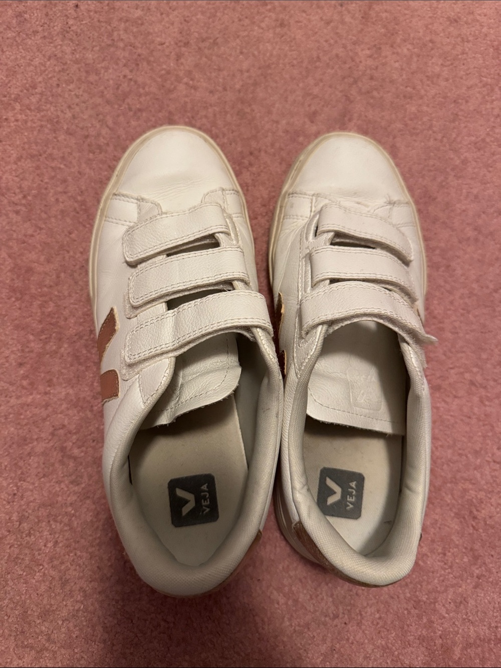 Veja Women’s White Sneakers with Rose Gold Accents - Velcro Strap